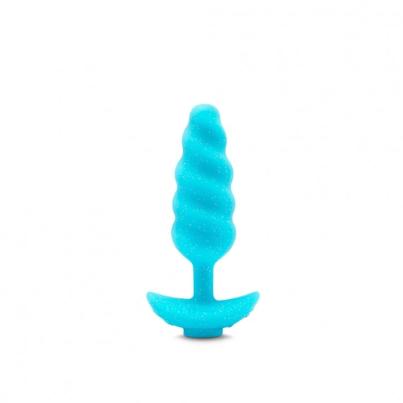 A blue glittery anal plug with a twisted texture and a flared base.