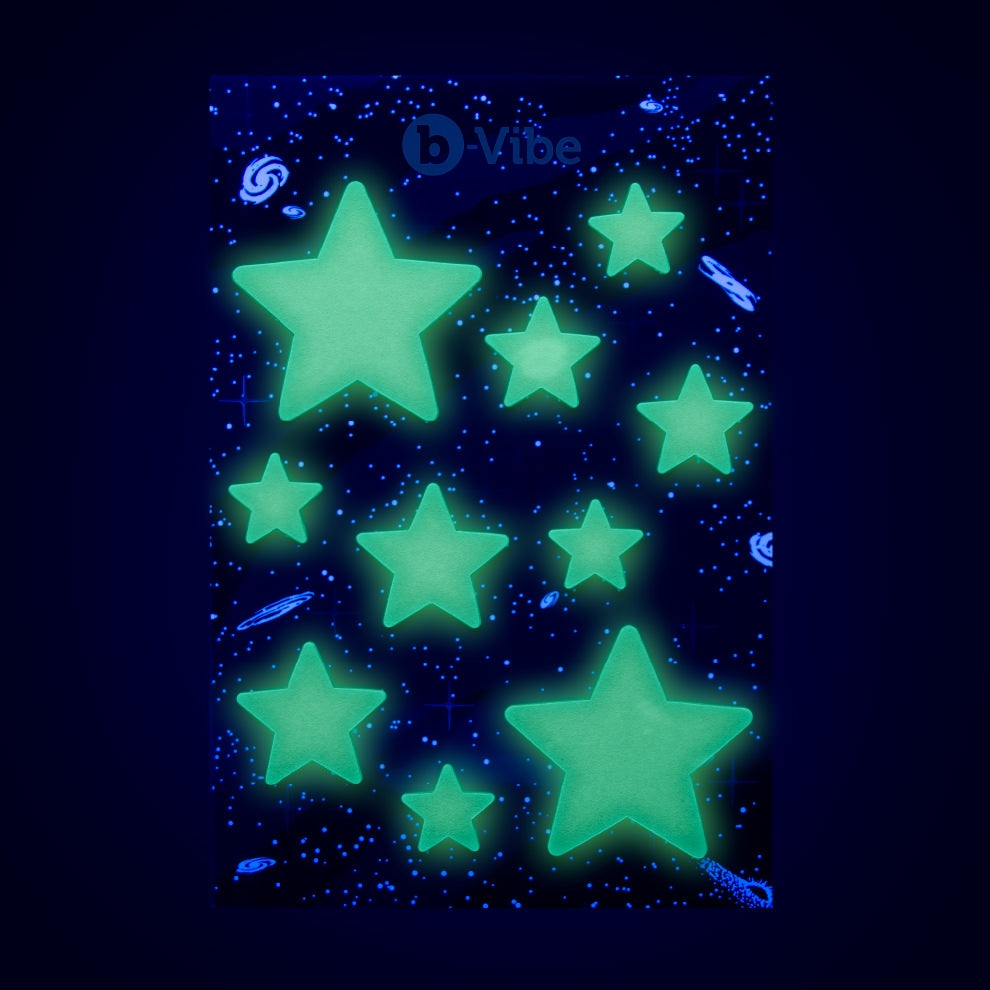 Glow-in-the-dark stars on a dark blue background with a logo.