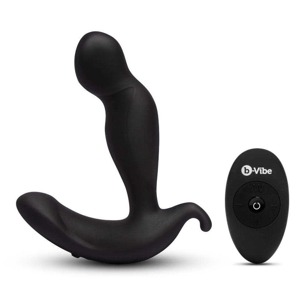 Black silicone prostate plug with a curved design and a remote control.