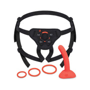 Beginners strap-on harness set with a red silicone dildo and three rings.
