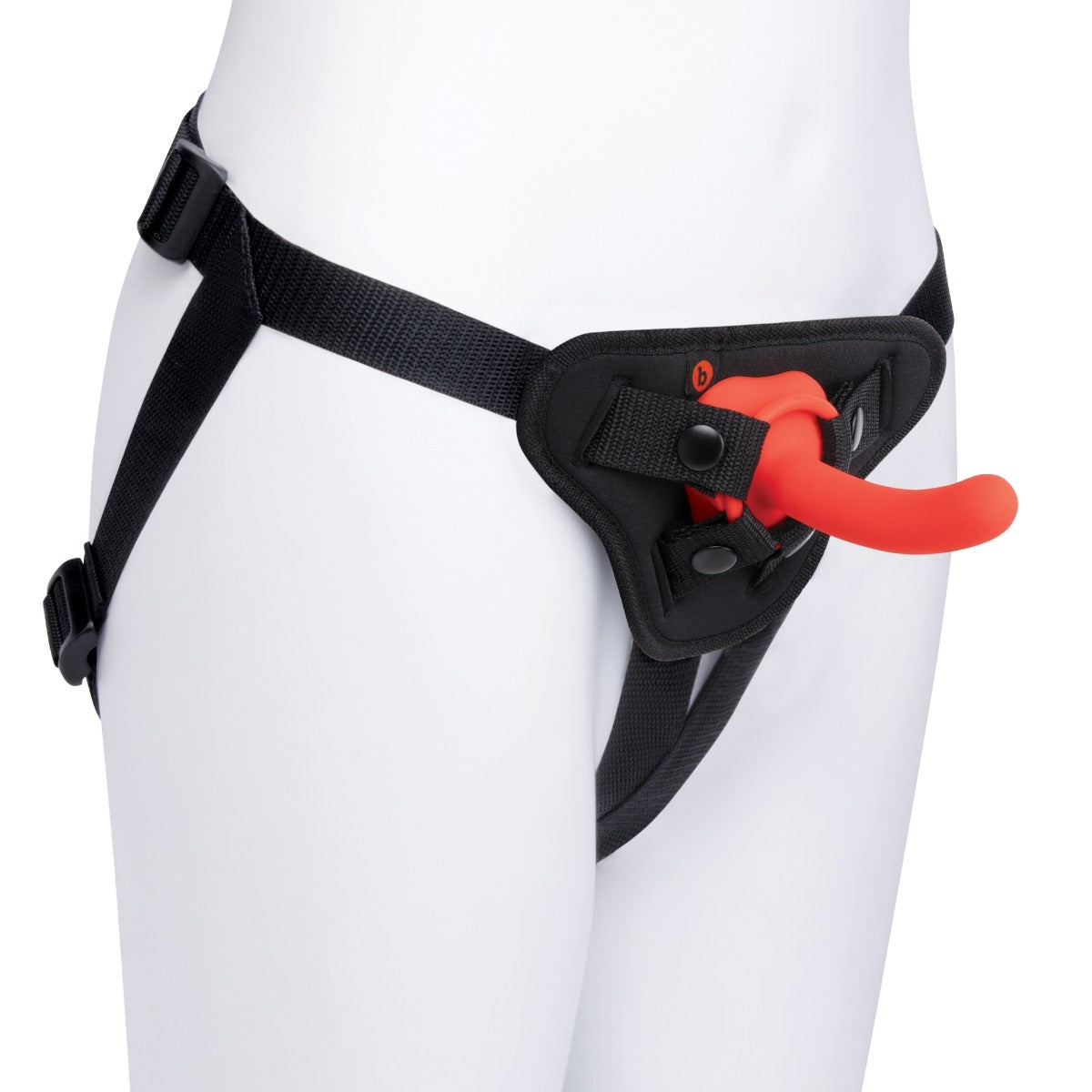 Beginners strap-on harness with a red silicone dildo.
