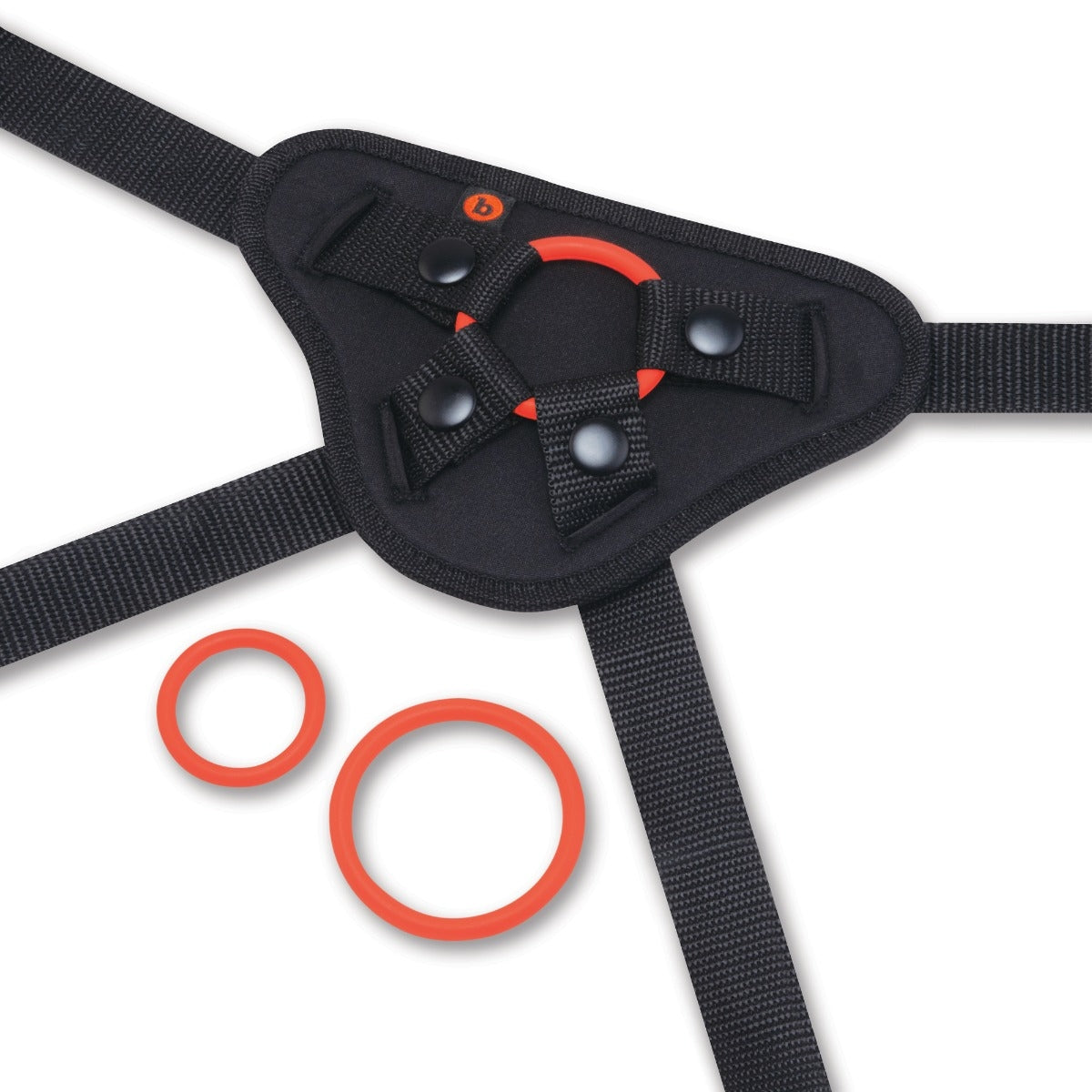 Black strap-on harness with orange rings and black straps.