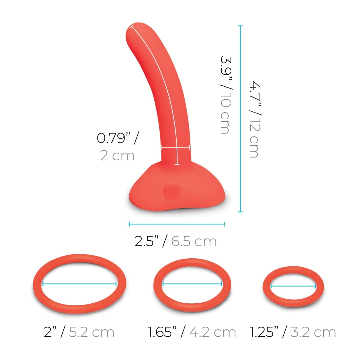 A red silicone dildo with measurement lines and three silicone rings.