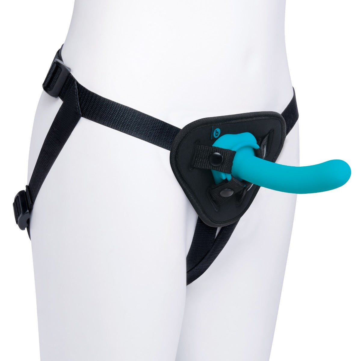 Black harness with a teal dildo on a mannequin.