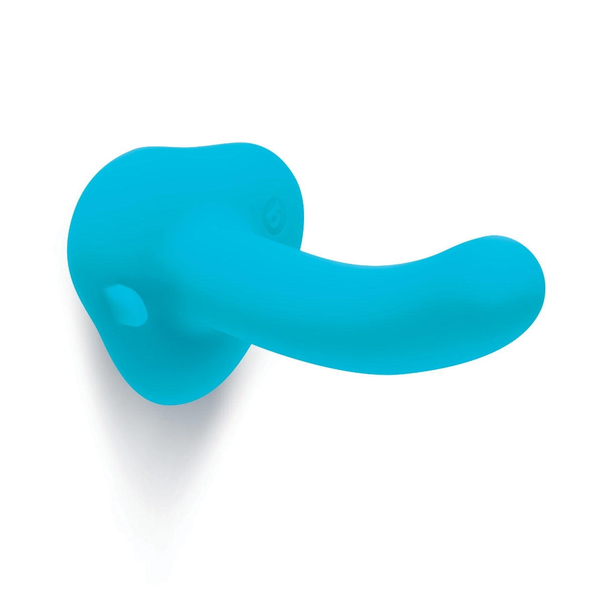 A blue silicone dildo with a curved tip and a rounded base.