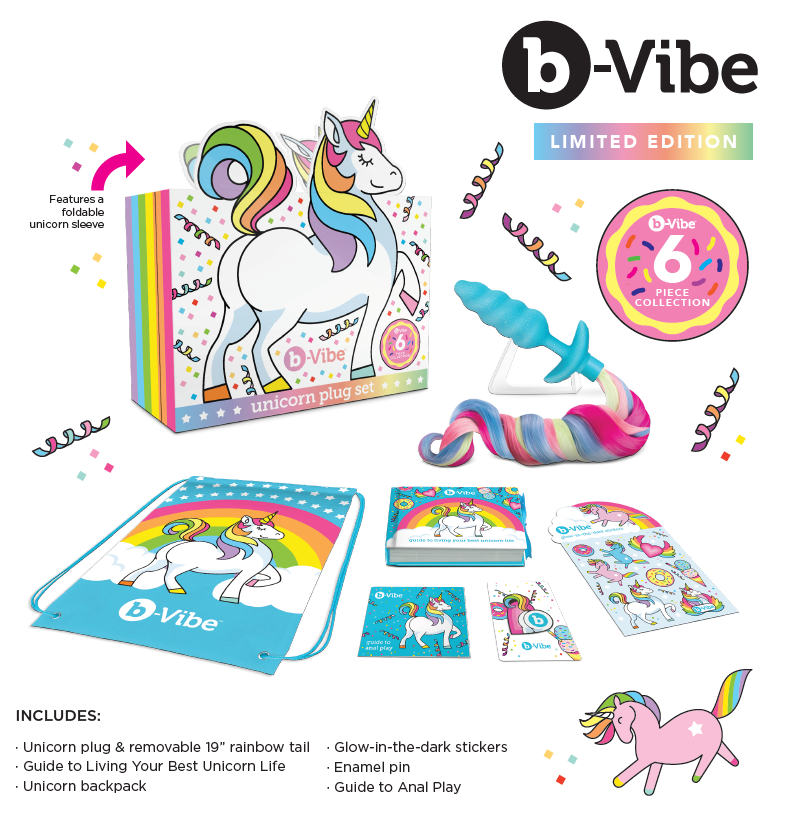 A b-Vibe vibrating unicorn anal plug set with a rainbow tail and unicorn themed accessories.
