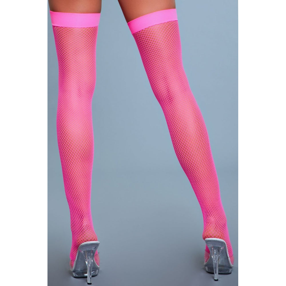Hot pink fishnet thigh-highs with a solid band.