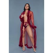 Maroon chiffon robe with faux fur trim and satin tie.