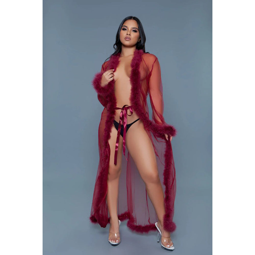 Maroon chiffon robe with faux fur trim and satin tie.