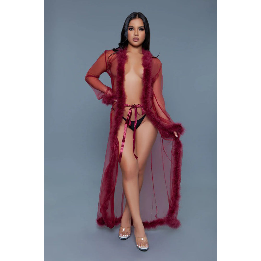 A model wears a maroon chiffon marabou robe with faux fur trim and a satin ribbon tie.