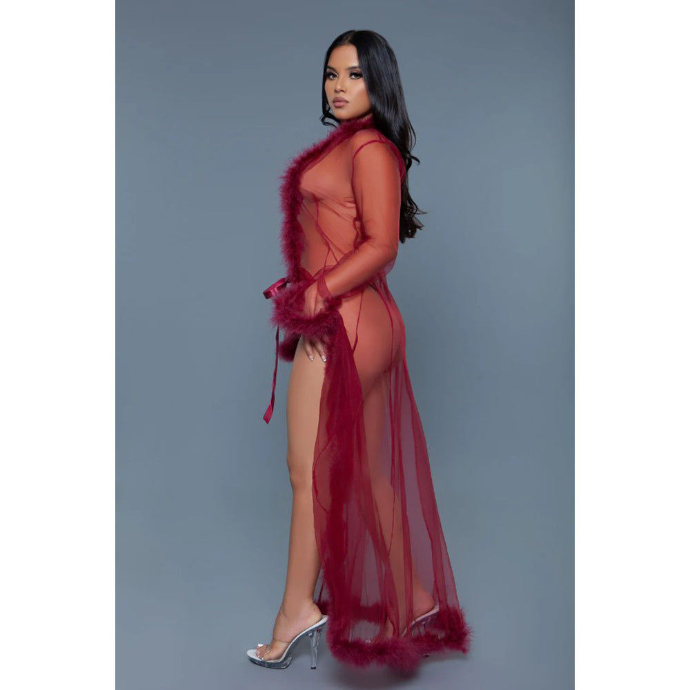 Maroon chiffon robe with faux fur trim and a tie closure.