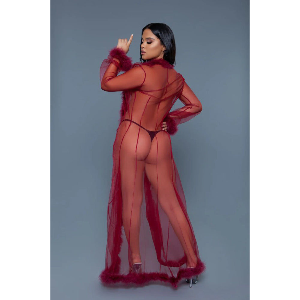 Maroon chiffon robe with faux fur trim and a thong.