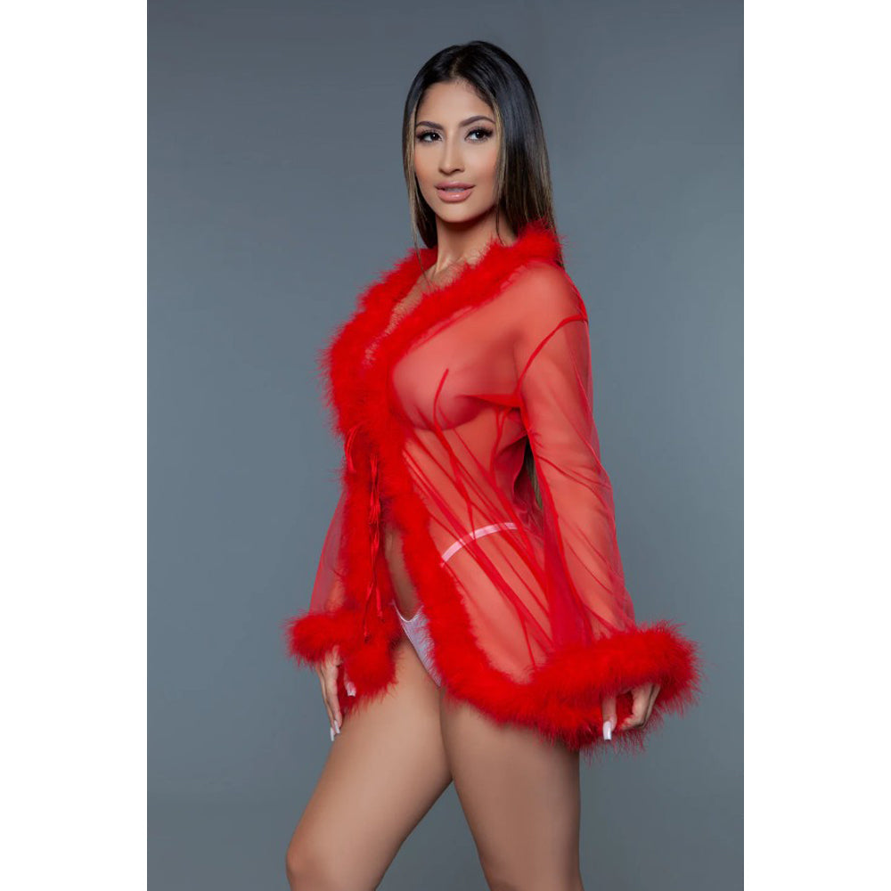 Red chiffon robe with faux fur trim.