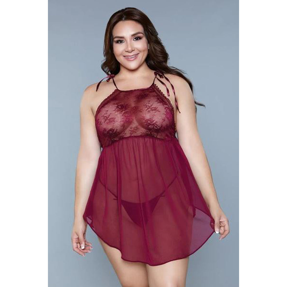 Burgundy lace and mesh chemise with matching thong.