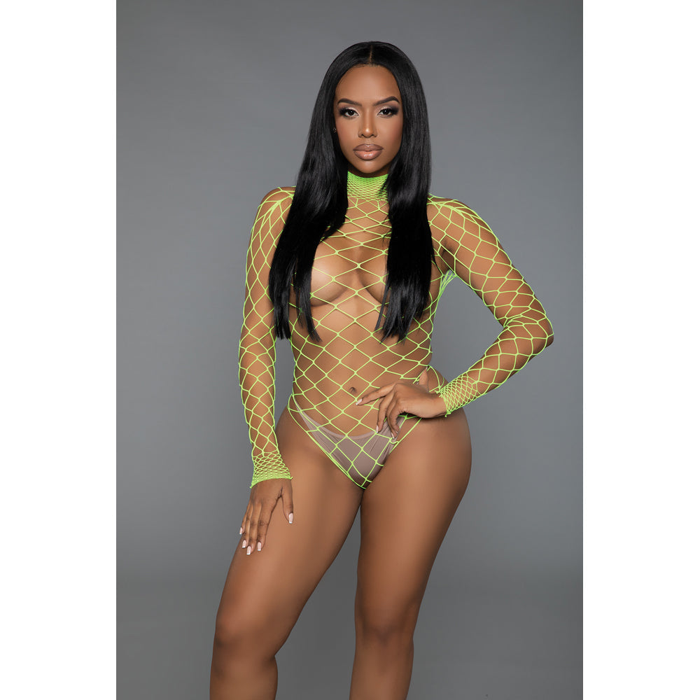 Neon green wide fishnet long sleeve bodystocking.