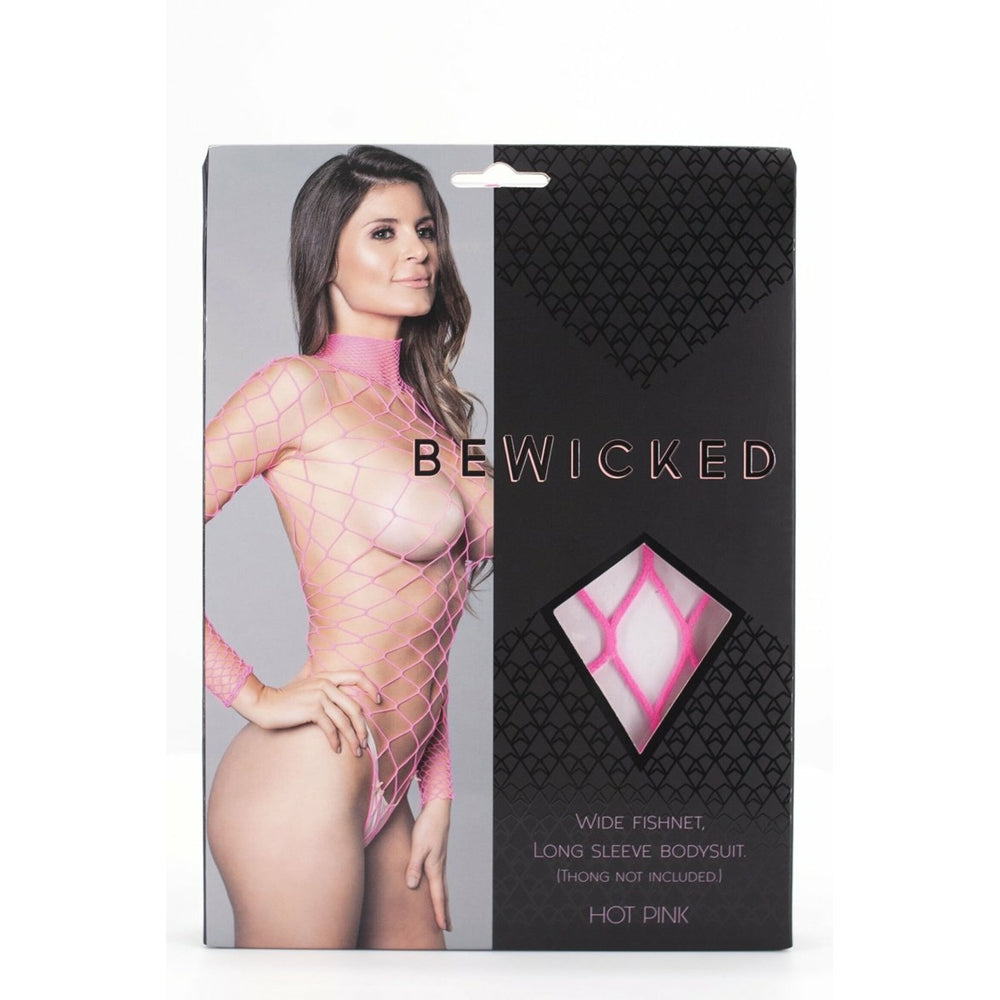 Hot pink wide fishnet long sleeve bodystocking.