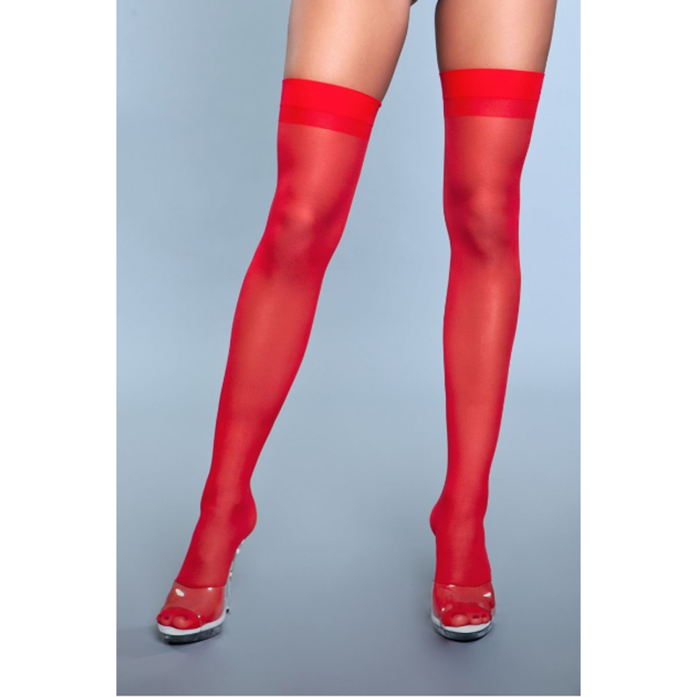 Sheer red thigh-high stockings with a back seam detail.