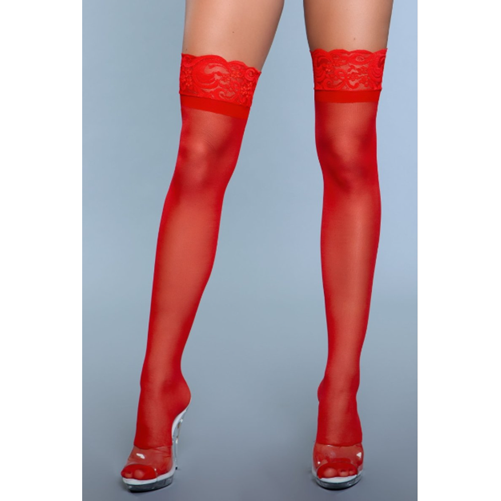 Red sheer thigh-high stockings with lace tops and back seams.