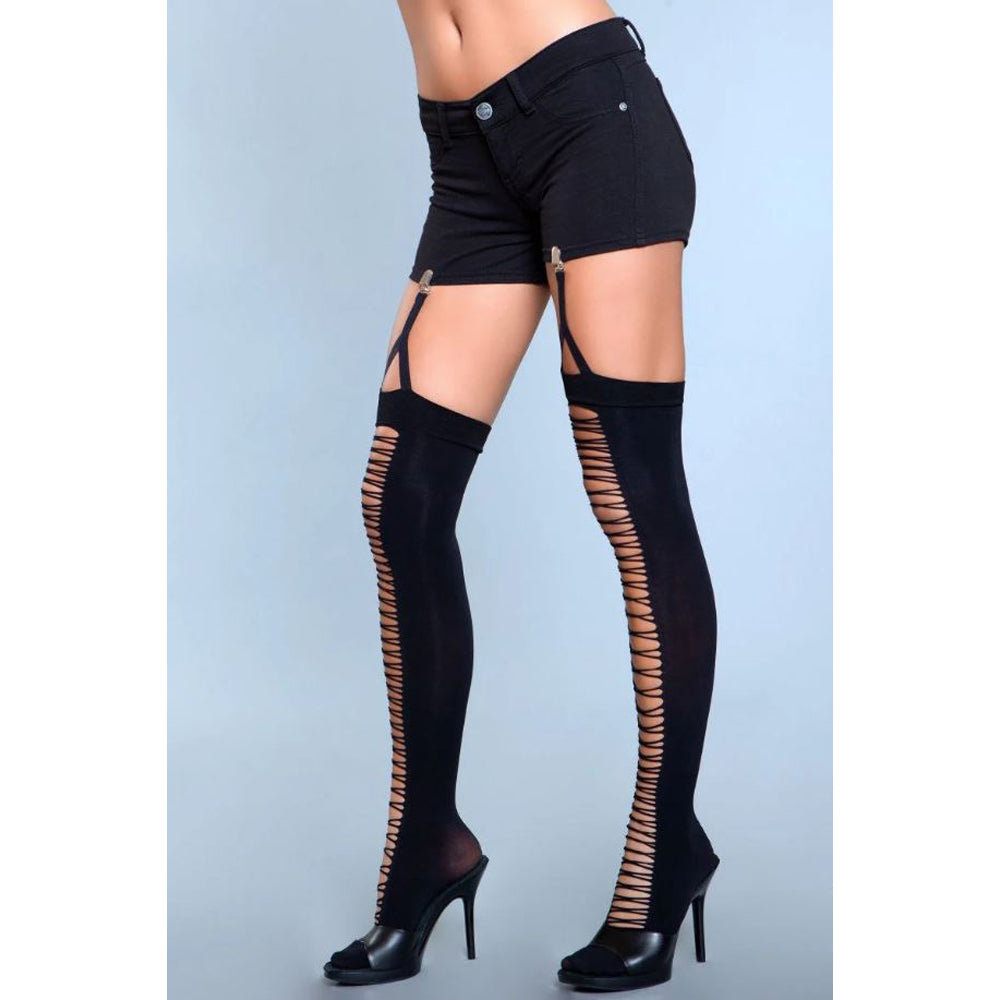 Black thigh-high stockings with laser-cut detailing and garter clips.