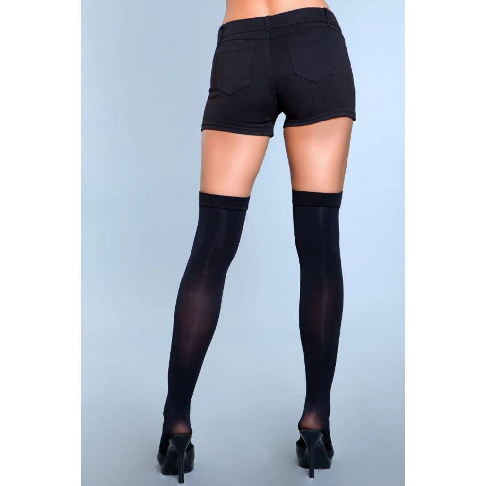 Black thigh-high stockings with a solid band and opaque finish.