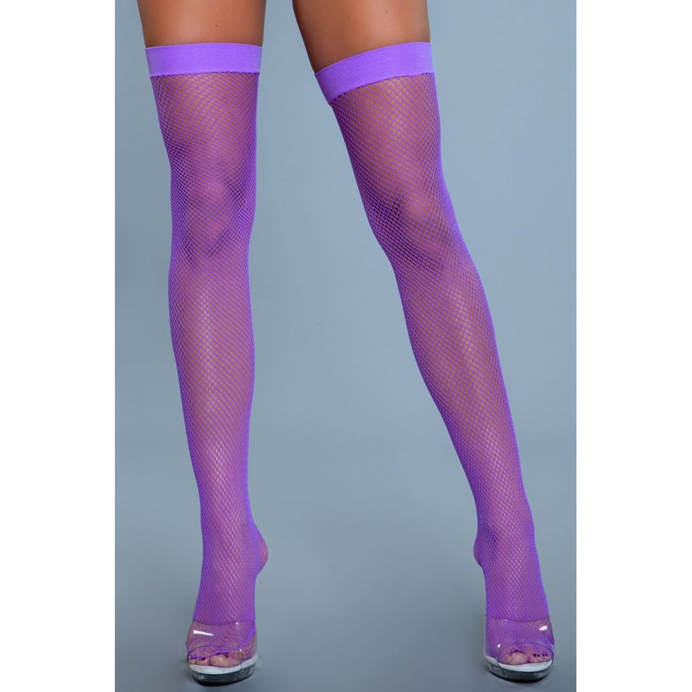 Purple nylon fishnet thigh-high stockings with a solid band.