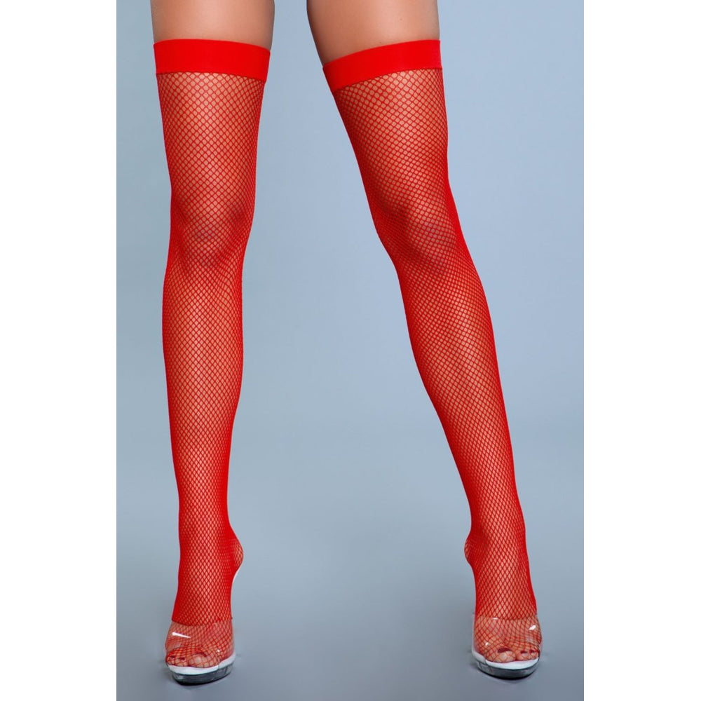 Red fishnet thigh-high stockings with a solid band.