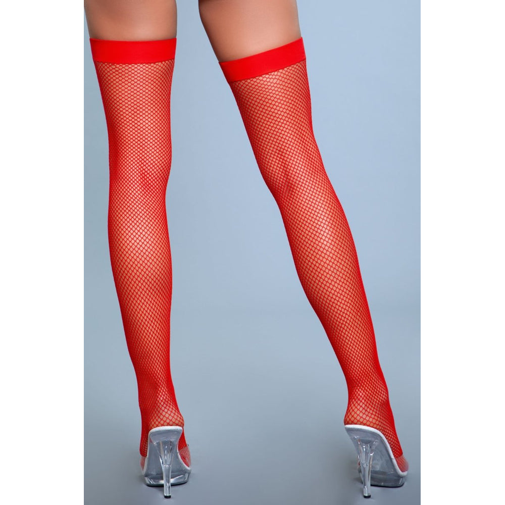 Red fishnet thigh-high stockings with a solid band.