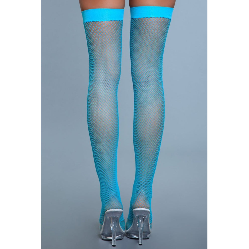 Turquoise fishnet thigh-high stockings with a solid band.
