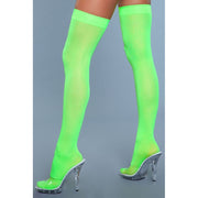 Neon green opaque nylon thigh-high stockings with clear heels.