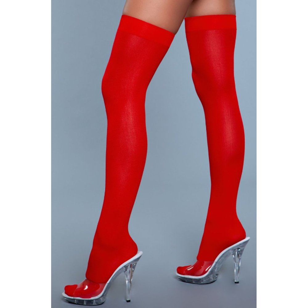 Red opaque nylon thigh-high stockings with clear heels.