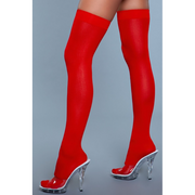 Red opaque nylon thigh-high stockings with clear heels.