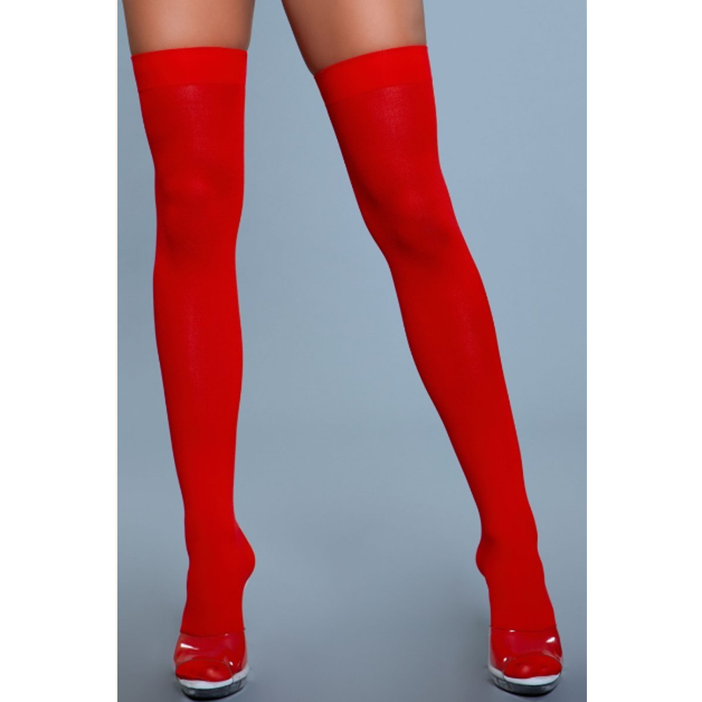 Red opaque nylon thigh-high stockings with clear heels.