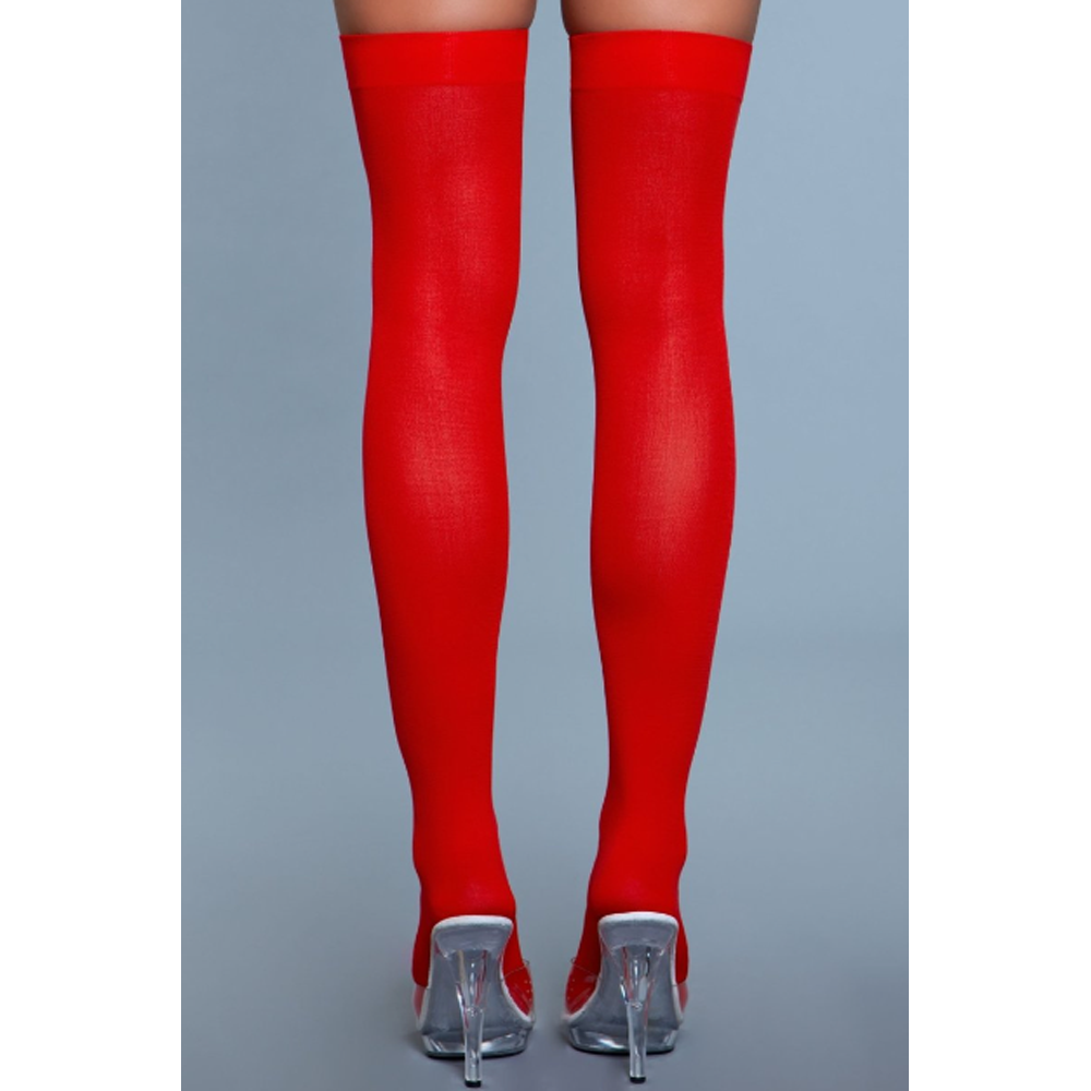 Red opaque nylon thigh-high stockings with clear heels.