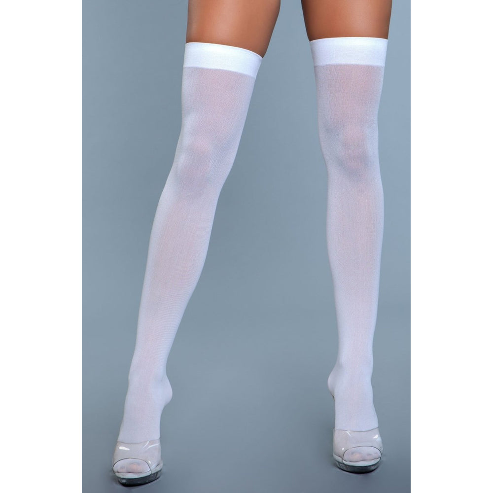 White opaque nylon thigh-high stockings with a solid band.