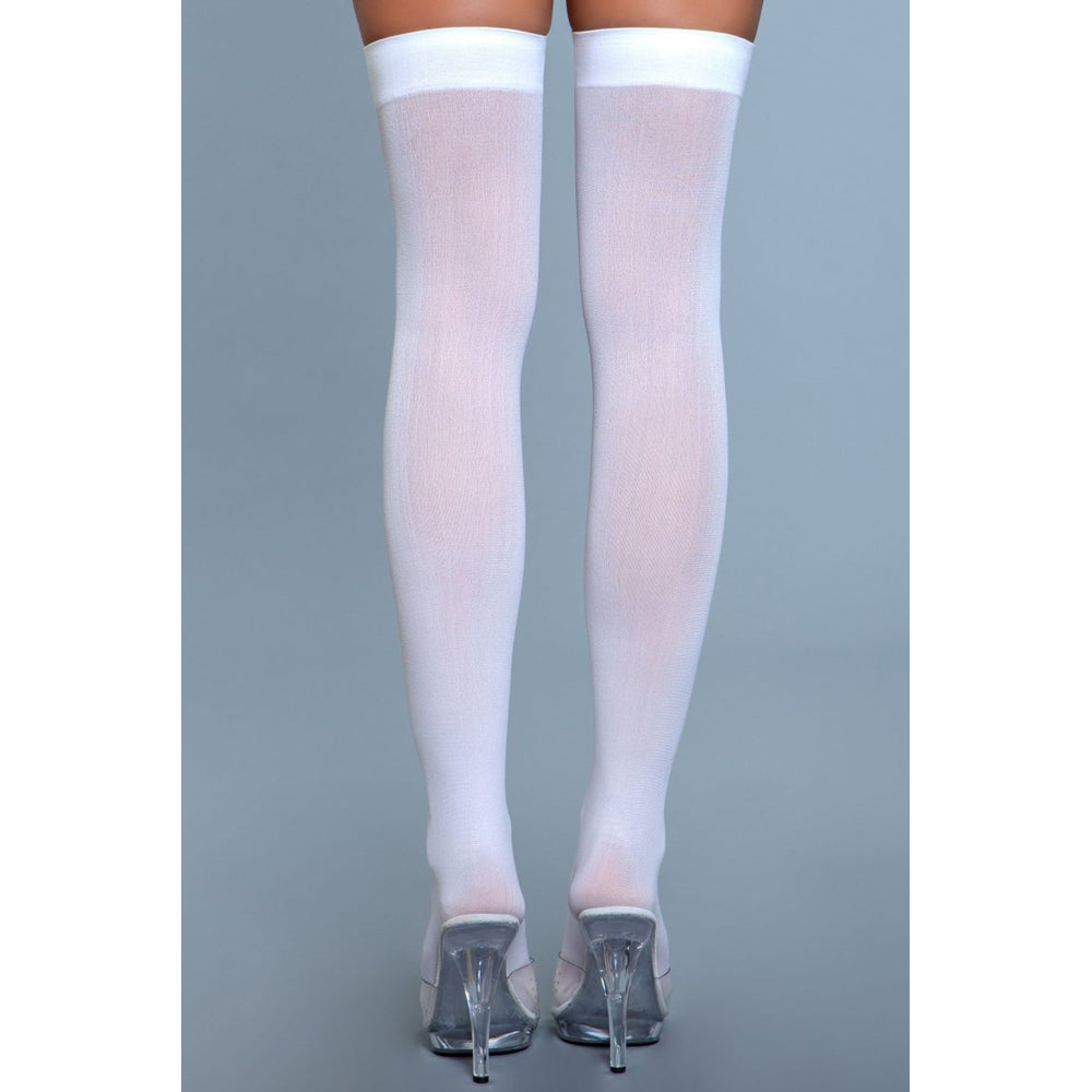 White opaque nylon thigh-high stockings with a secure band.