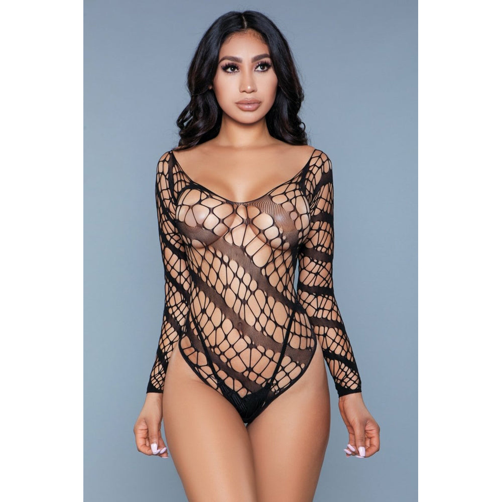 Black fishnet and striped long-sleeve bodysuit.