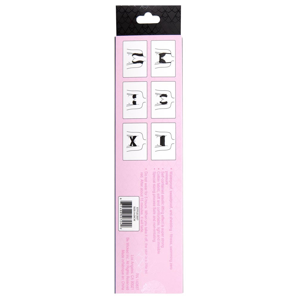 Black waterproof adhesive breast lift tape strips with application diagrams.