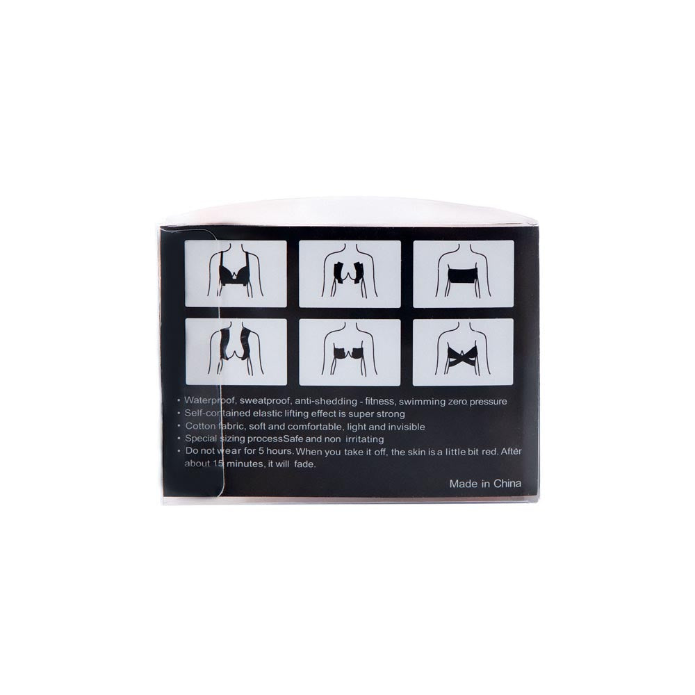 Waterproof adhesive breast lift tape roll in nude with diagrams showing application.