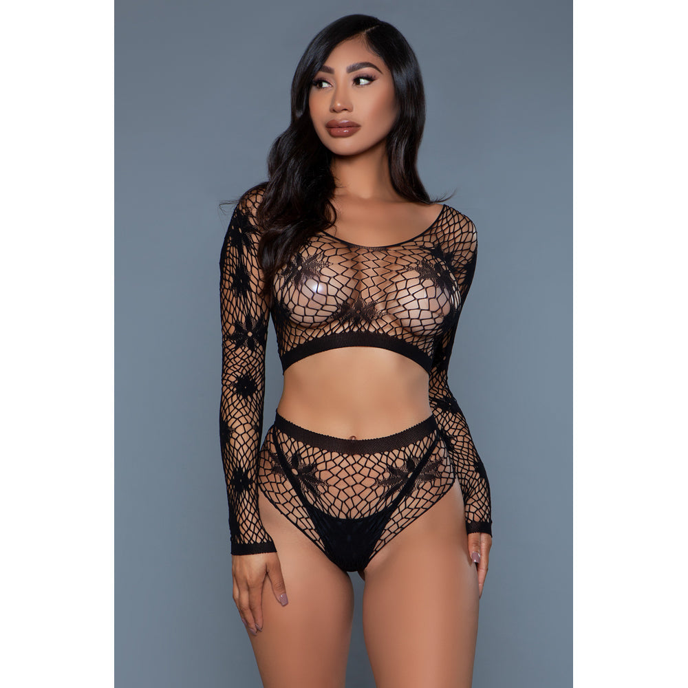 Black floral long-sleeve bodystocking with a sheer fishnet design.