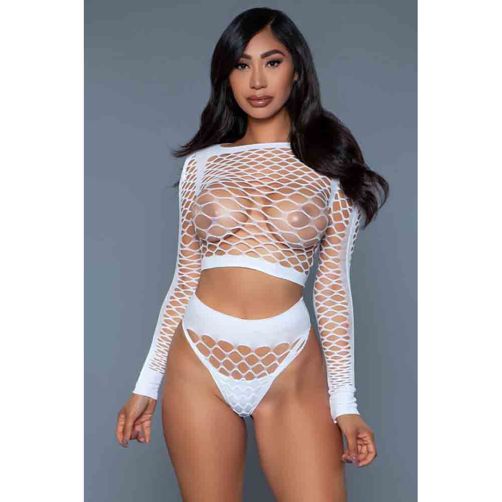 White fishnet long-sleeve bodystocking with a high-waist bottom.