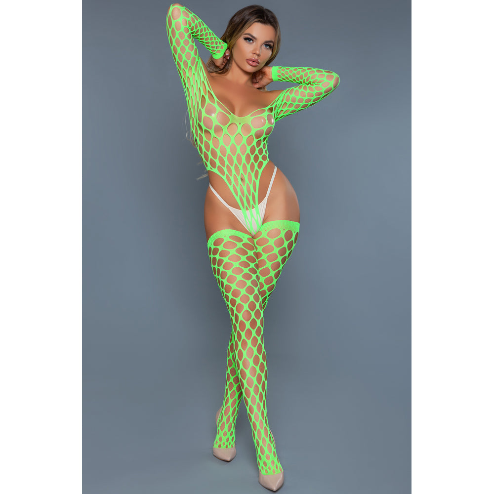 Neon green fishnet bodysuit with long sleeves and matching hosiery.