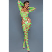 Neon green fishnet bodysuit with long sleeves and matching hosiery.