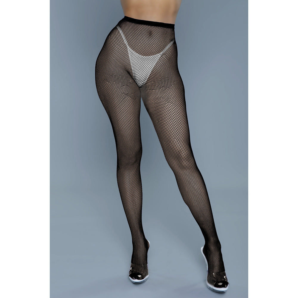 Black mini fishnet pantyhose with a white thong visible underneath.
