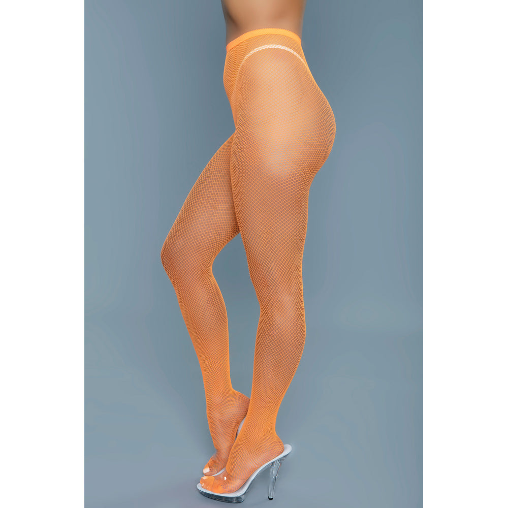 Orange mini fishnet pantyhose on a model.
