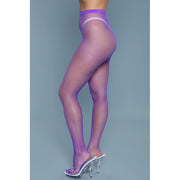Purple mini fishnet pantyhose on a model.