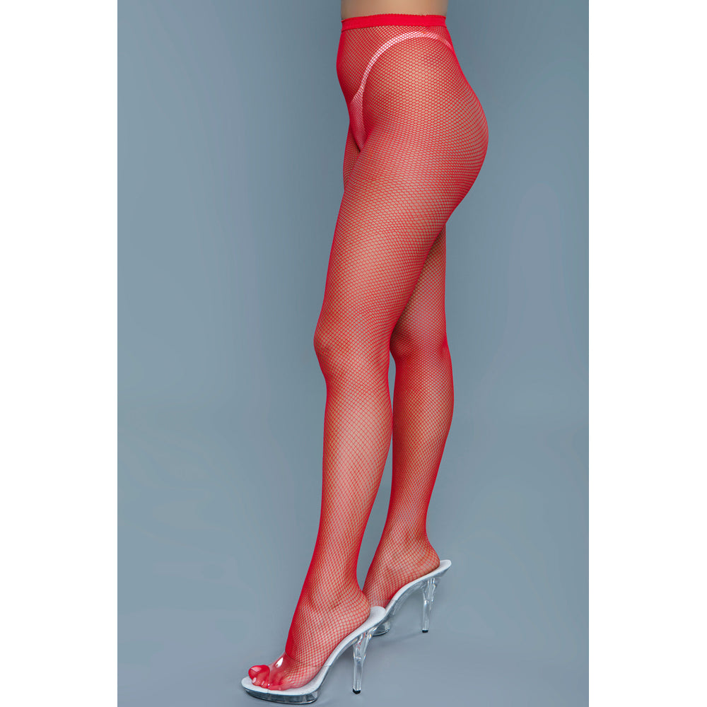 Red mini fishnet pantyhose with a comfortable fit.
