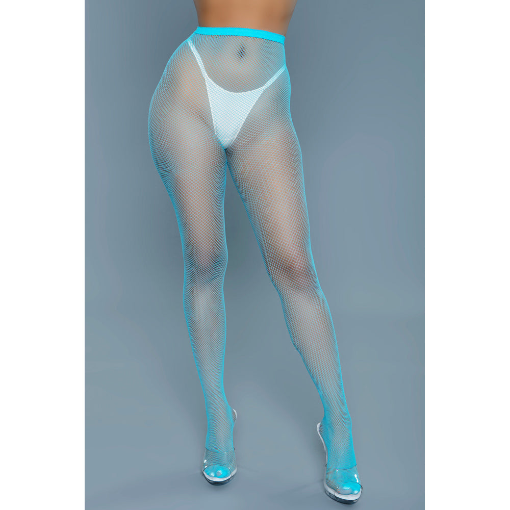 Turquoise mini fishnet pantyhose with a white thong.