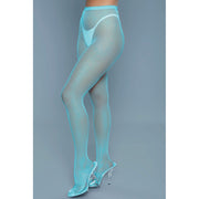 Turquoise mini fishnet pantyhose on a model.