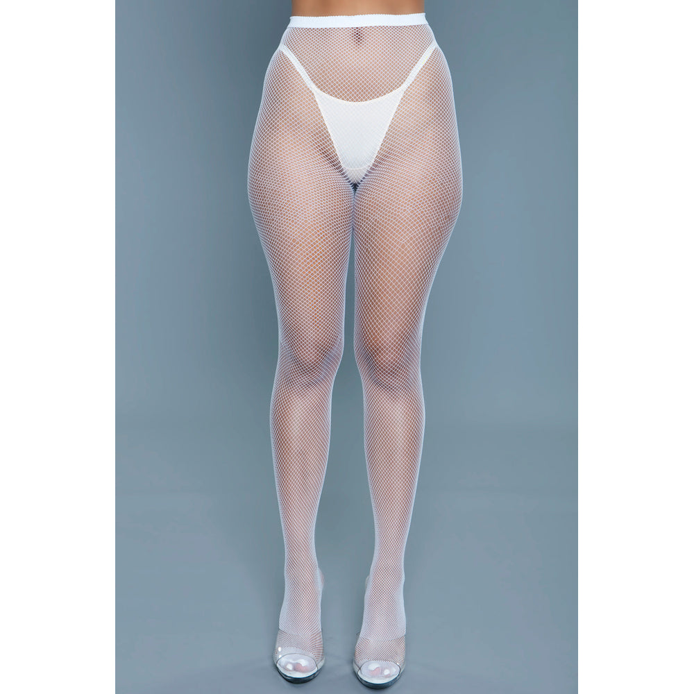 White mini fishnet pantyhose with a white thong visible underneath.
