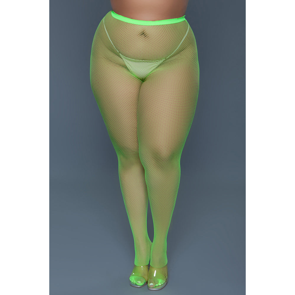 Neon green mini fishnet pantyhose in queen size.